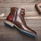Brown zip and lace boots, angled view showing stitched detailing
