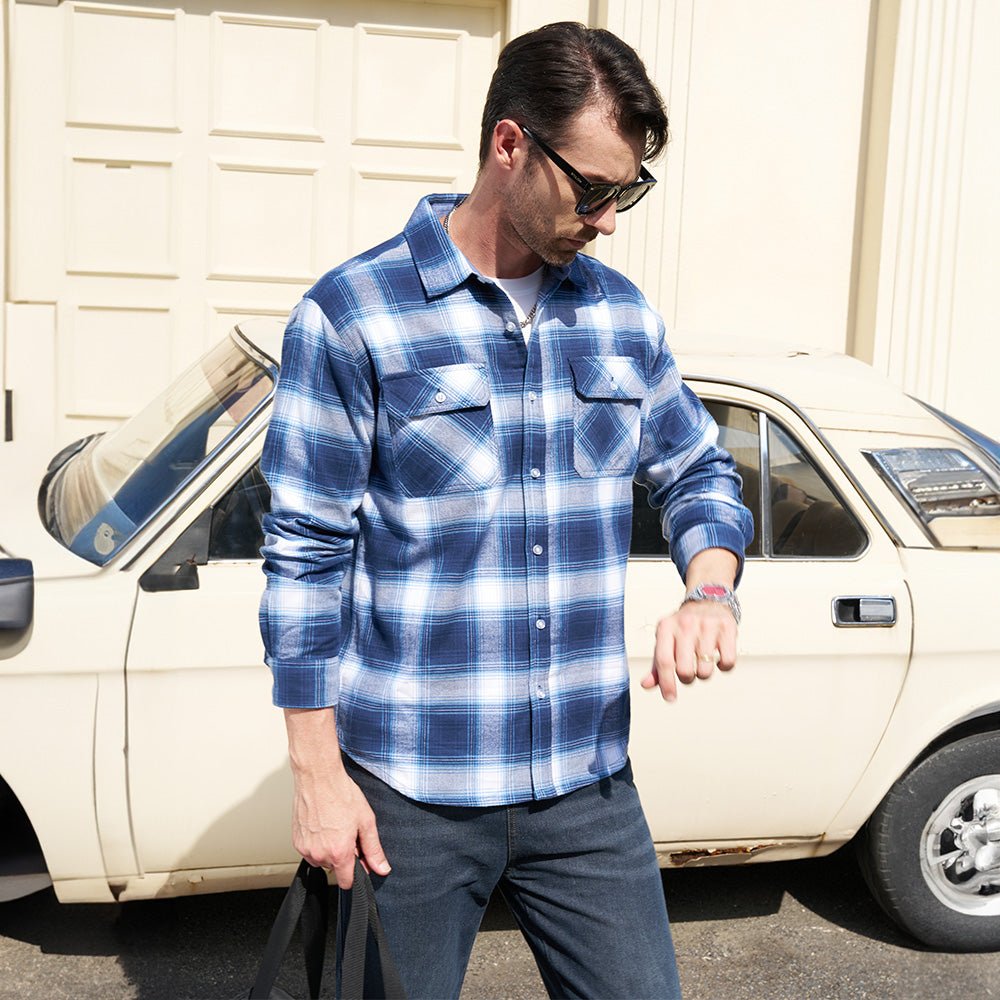 Plaid flannel shirt in Orange, cotton button-down with two chest pockets.