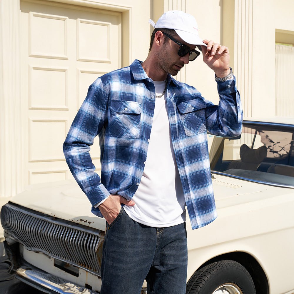 Plaid flannel shirt in Green, cotton button-down with two chest pockets.