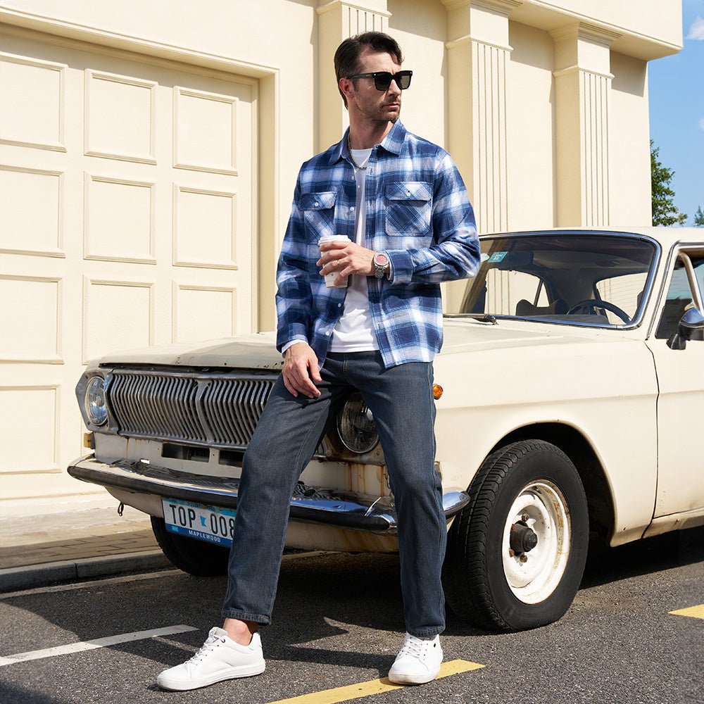 Plaid flannel shirt in Black, cotton button-down with two chest pockets.