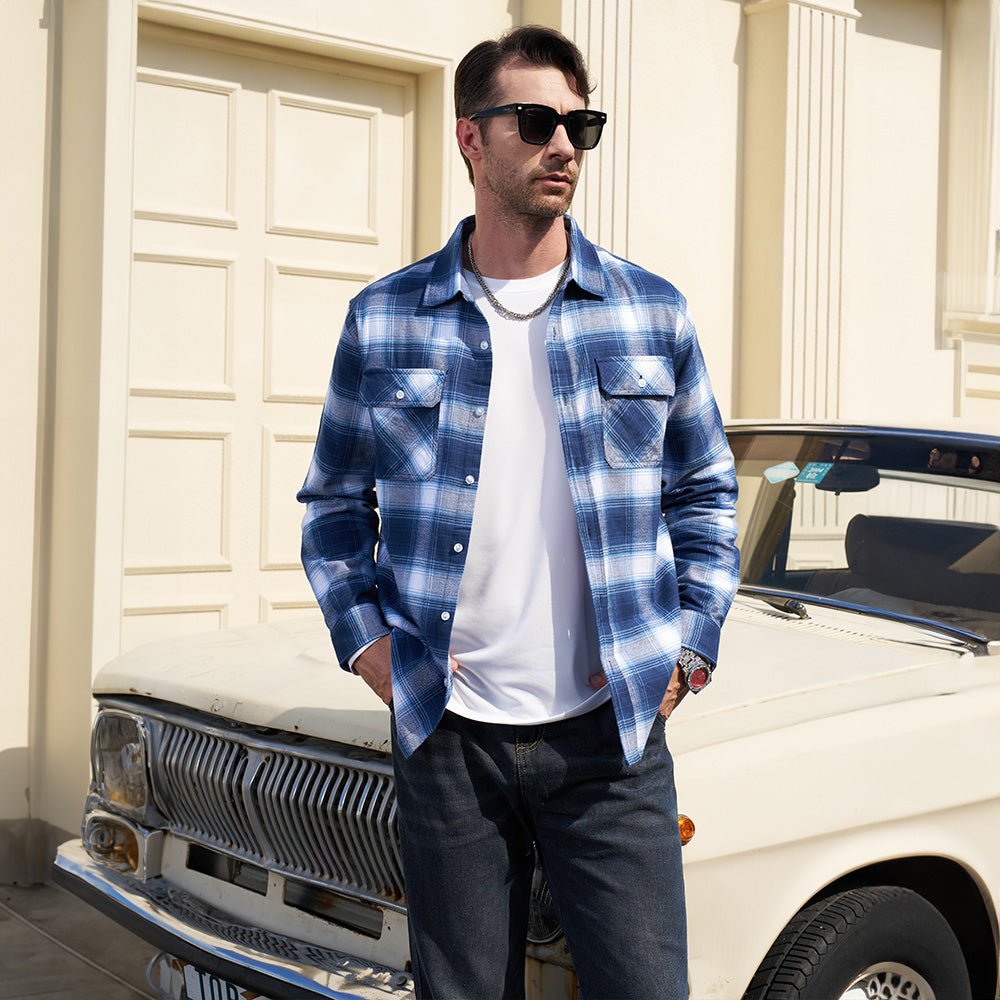 Plaid flannel shirt in Bright Blue, cotton button-down with two chest pockets.