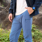 Blue ripstop cargo pants with six pockets, water resistant hiking trousers