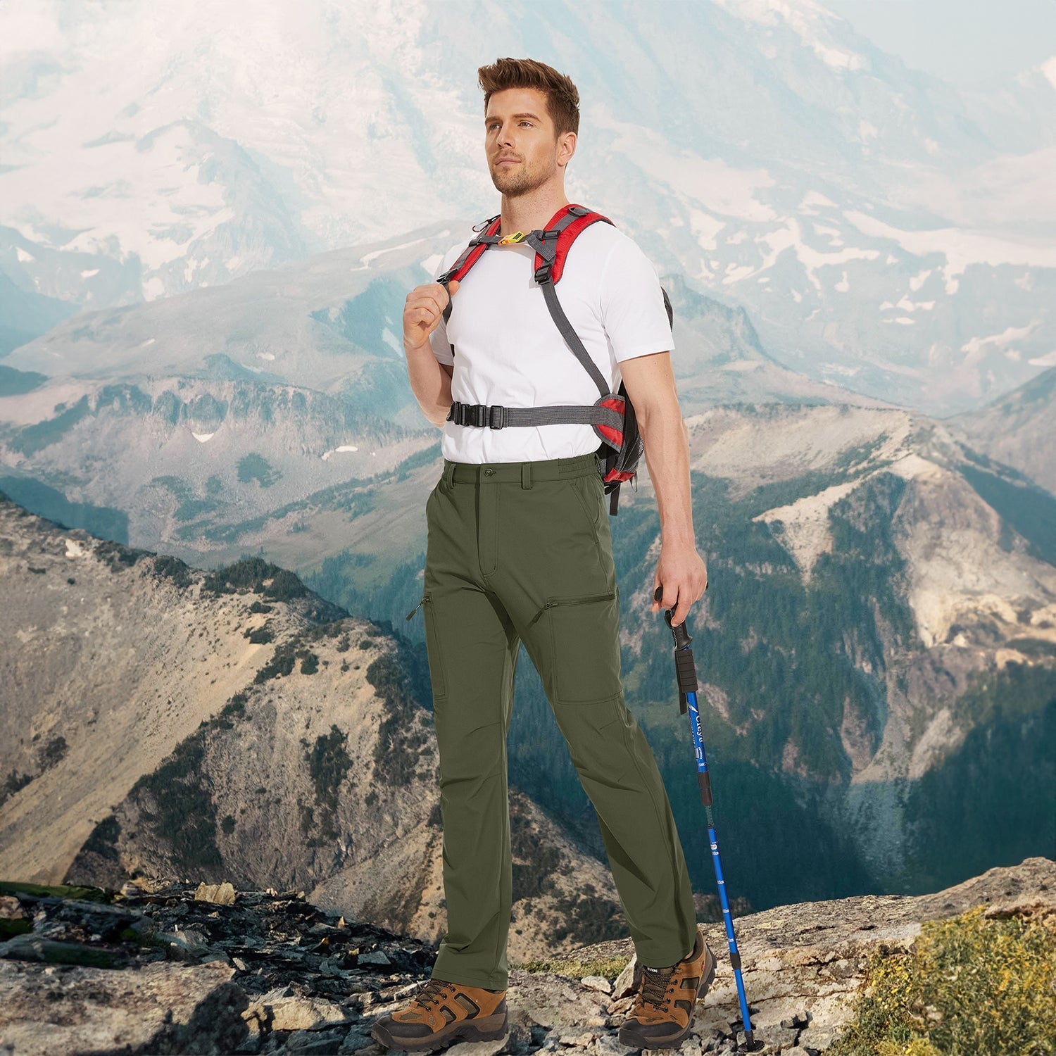 Army Green ripstop cargo pants with six pockets, water resistant hiking trousers