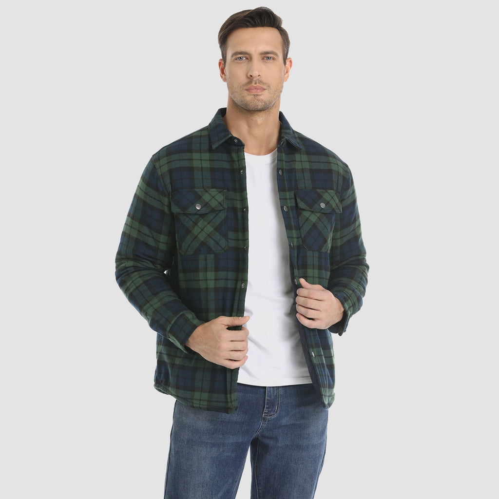 Quilted flannel jacket in black with padded lining and button front