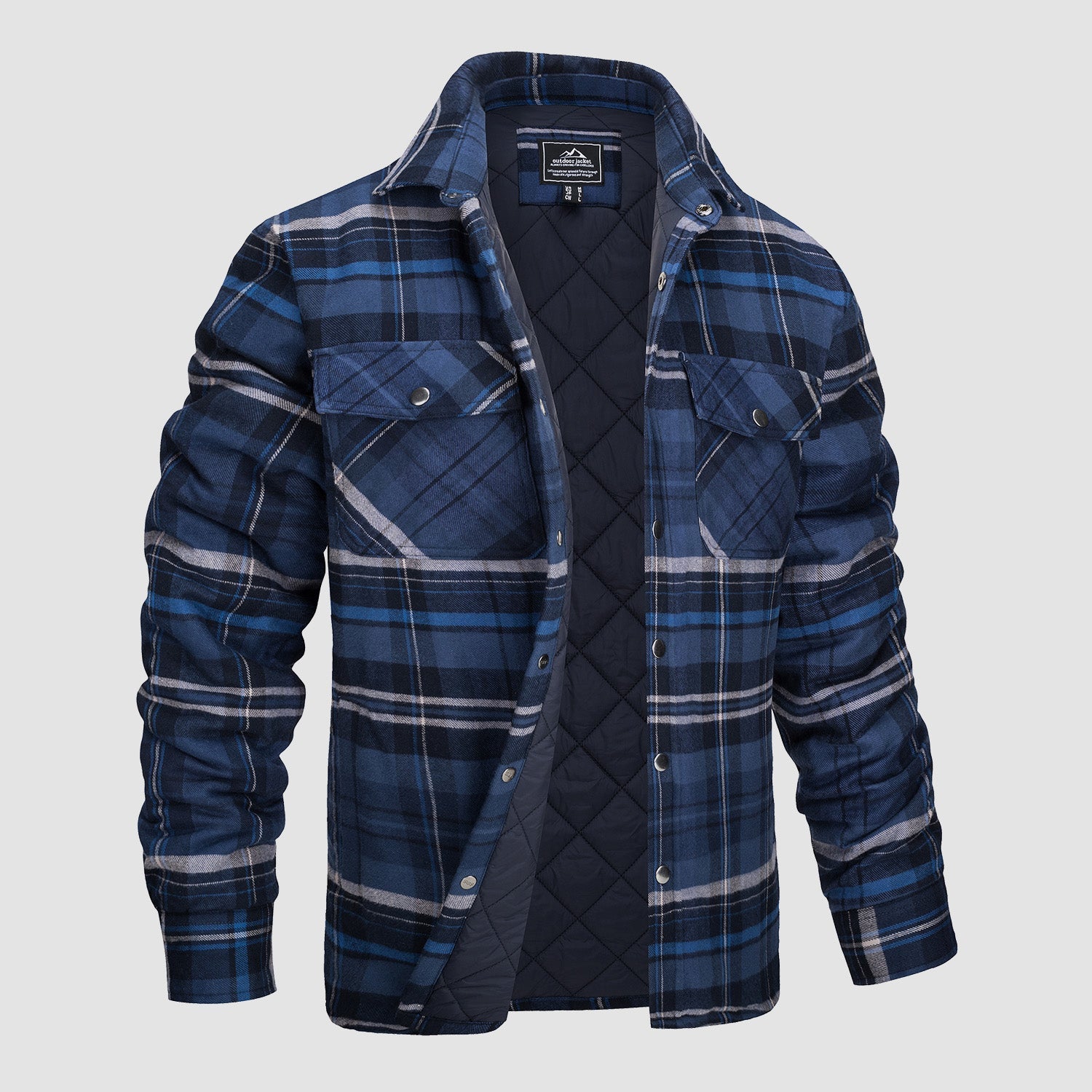 Quilted flannel jacket in red white plaid with padded lining and button front