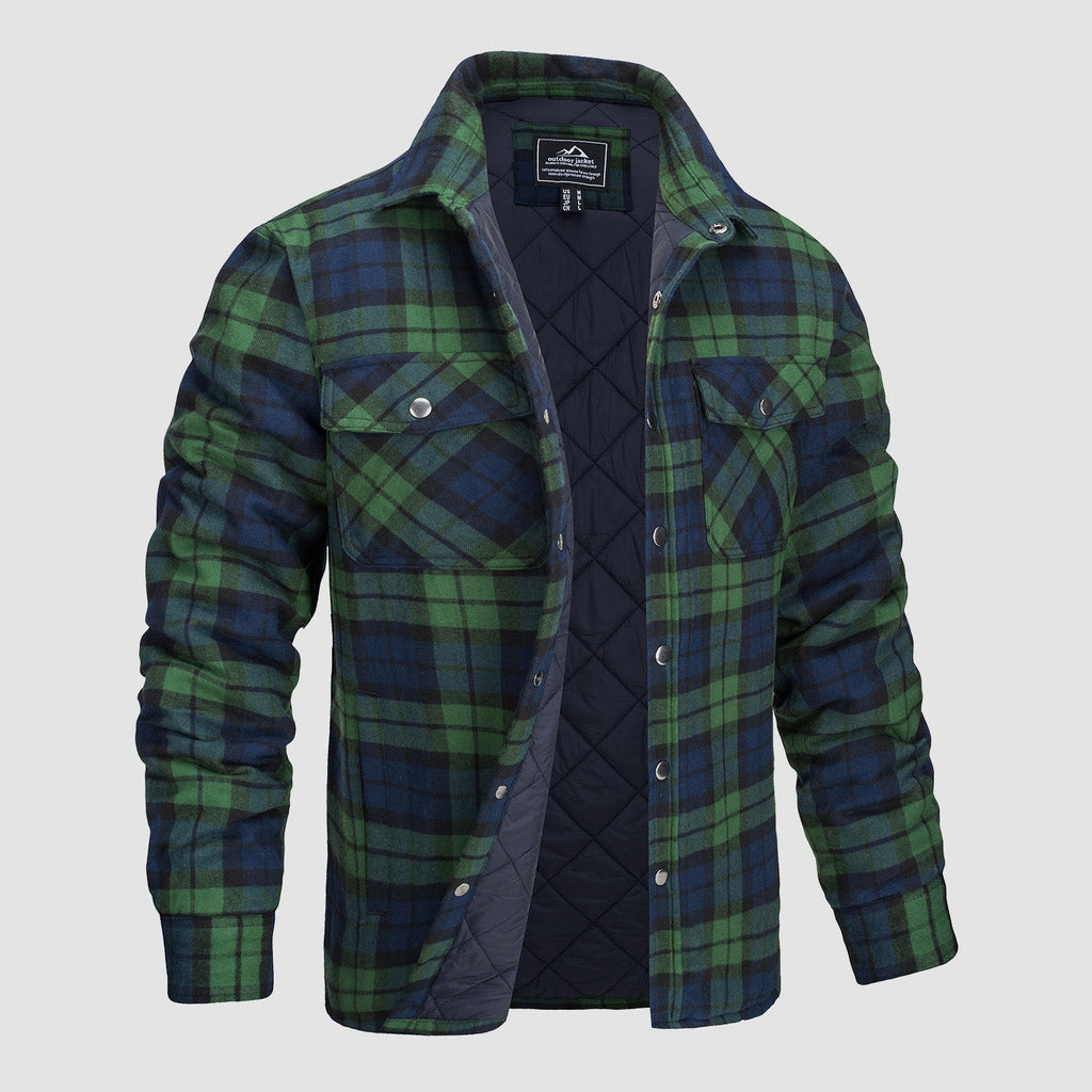 Quilted flannel jacket in green with padded lining and button front, front view