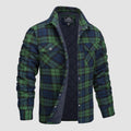 Quilted flannel jacket in green with padded lining and button front, front view