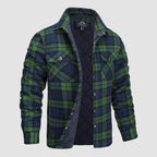 Quilted flannel jacket in green with padded lining and button front, front view