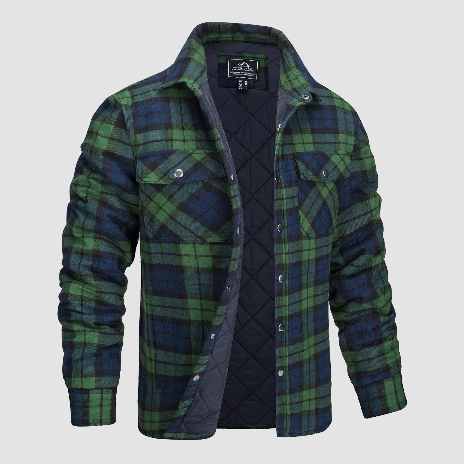 Quilted flannel jacket in green with padded lining and button front, front view