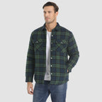 Quilted flannel jacket in blue grey plaid with padded lining and button front