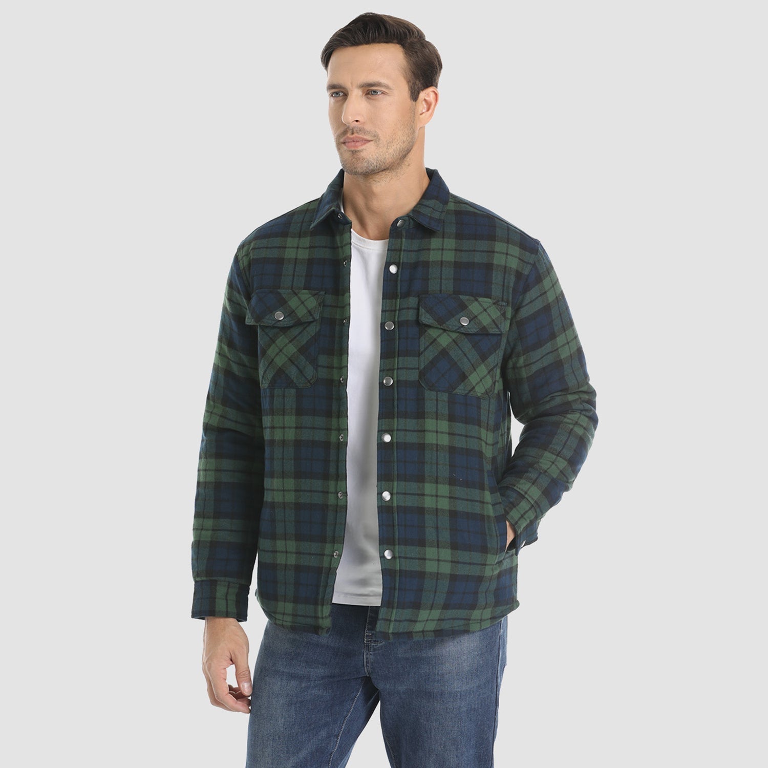 Quilted flannel jacket in blue grey plaid with padded lining and button front