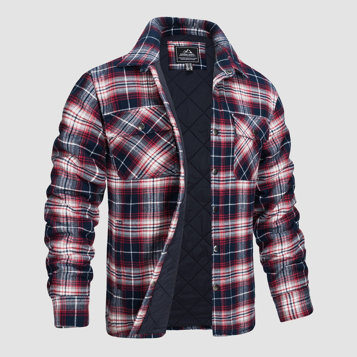 Quilted flannel jacket styled as a warm winter shirt jacket layer