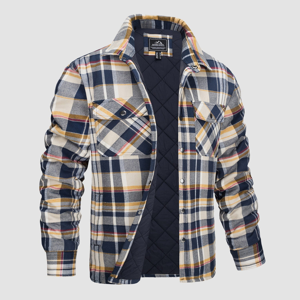 Quilted flannel jacket shown from the back with a regular hip-length fit