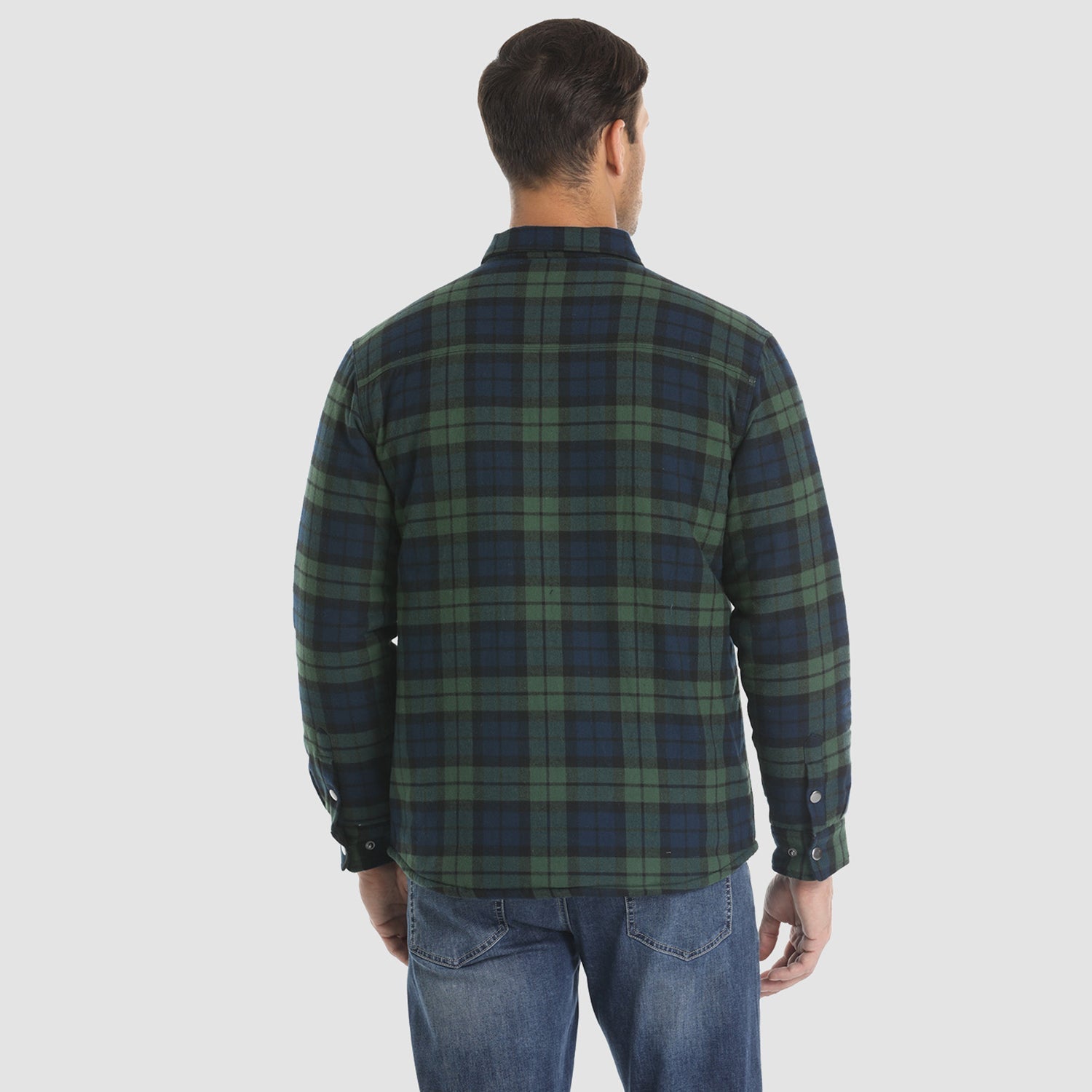 Quilted flannel jacket in blue white plaid with padded lining and button front