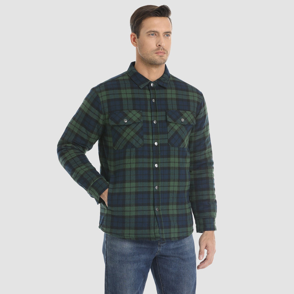 Quilted flannel jacket in orange plaid with padded lining and button front
