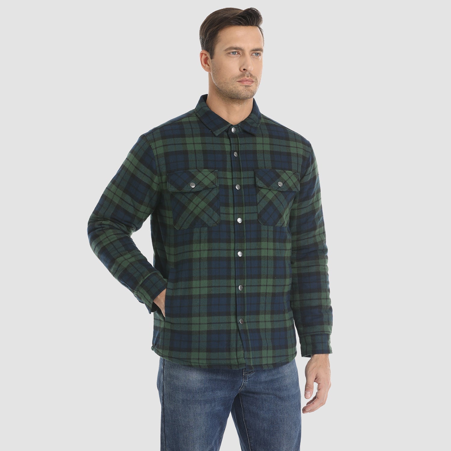 Quilted flannel jacket in orange plaid with padded lining and button front