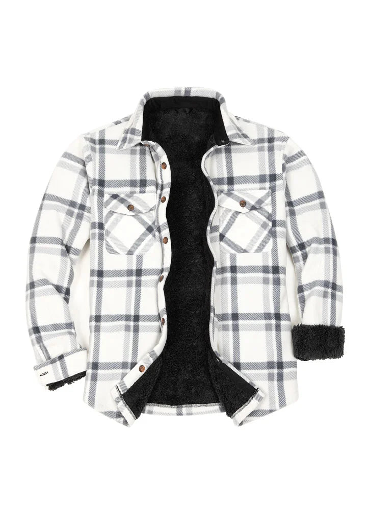 Plaid shirt jacket in Ice, sherpa-lined with four pockets and button front.