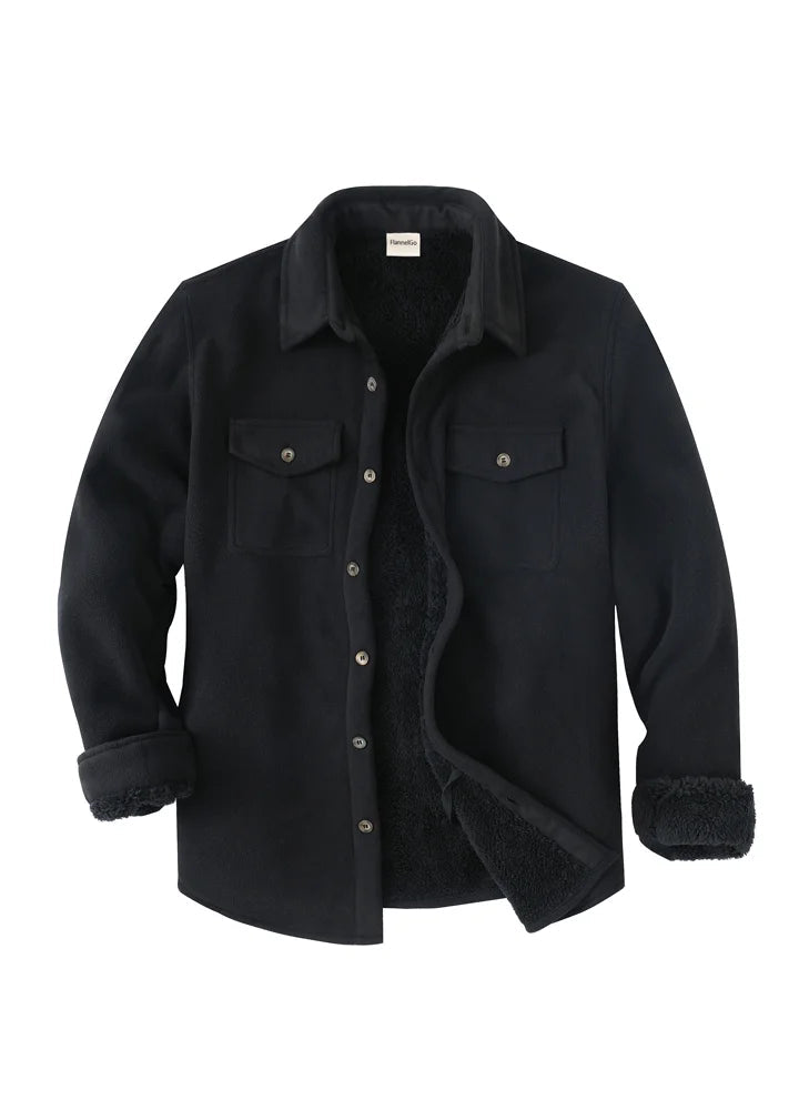 Plaid shirt jacket in Solid Black, sherpa-lined with four pockets and button front.