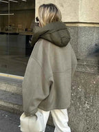 Olive quilted jacket hood and collar detail