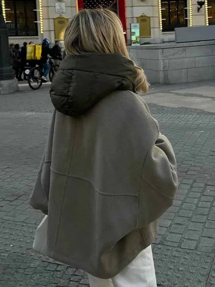 Olive quilted oversized jacket, back view
