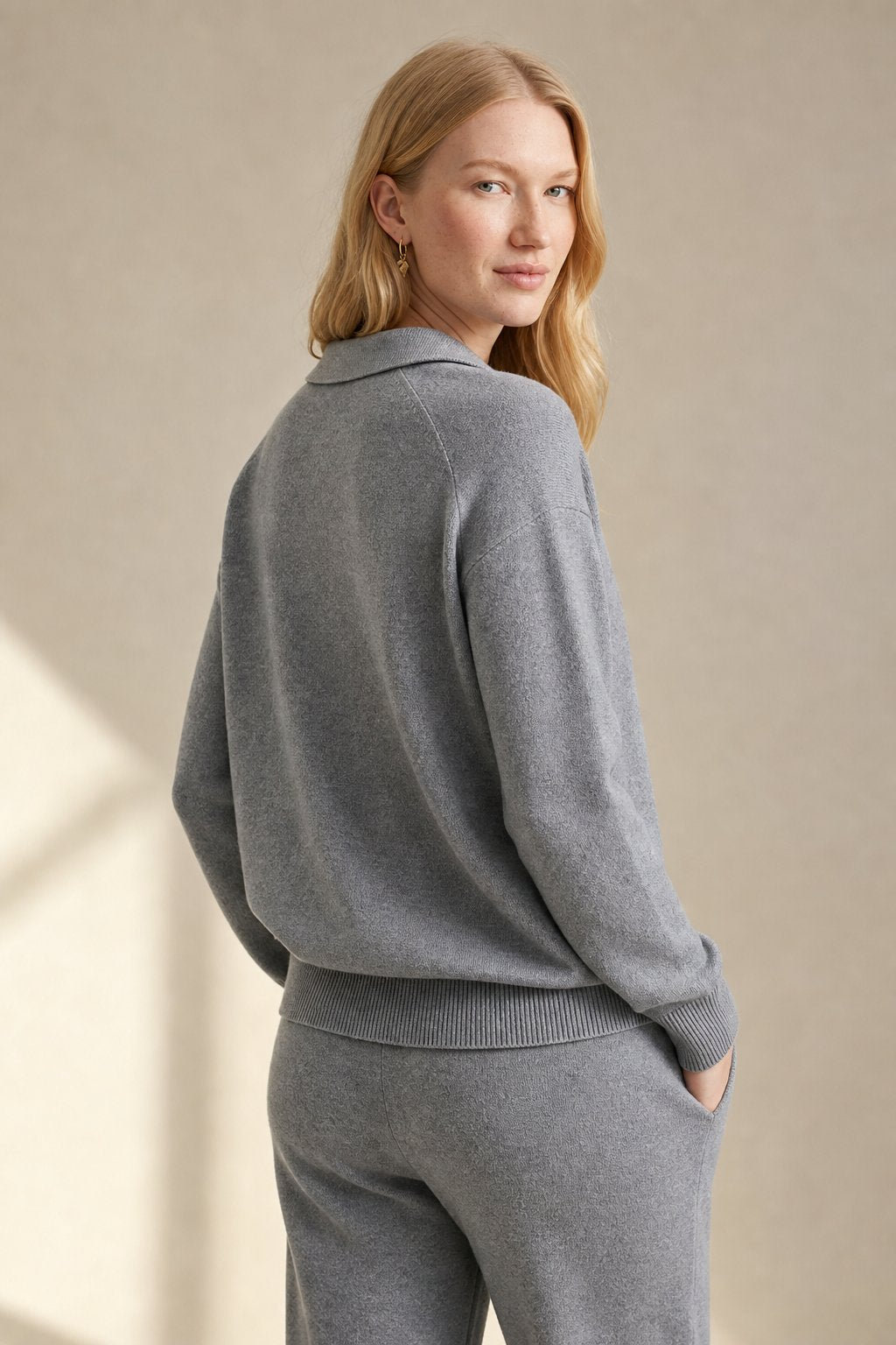 Polo knit set with soft knit pullover and high-waist harem pants, view 30