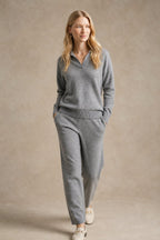 Polo knit set with soft knit pullover and high-waist harem pants, view 31