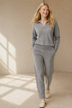 Polo knit set with soft knit pullover and high-waist harem pants, view 32