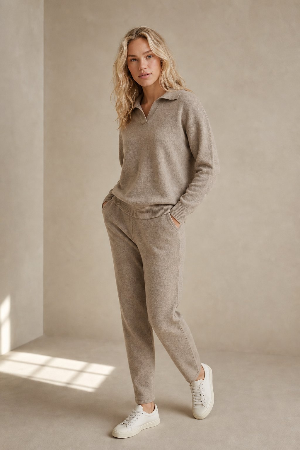 Polo knit set with soft knit pullover and high-waist harem pants, view 23