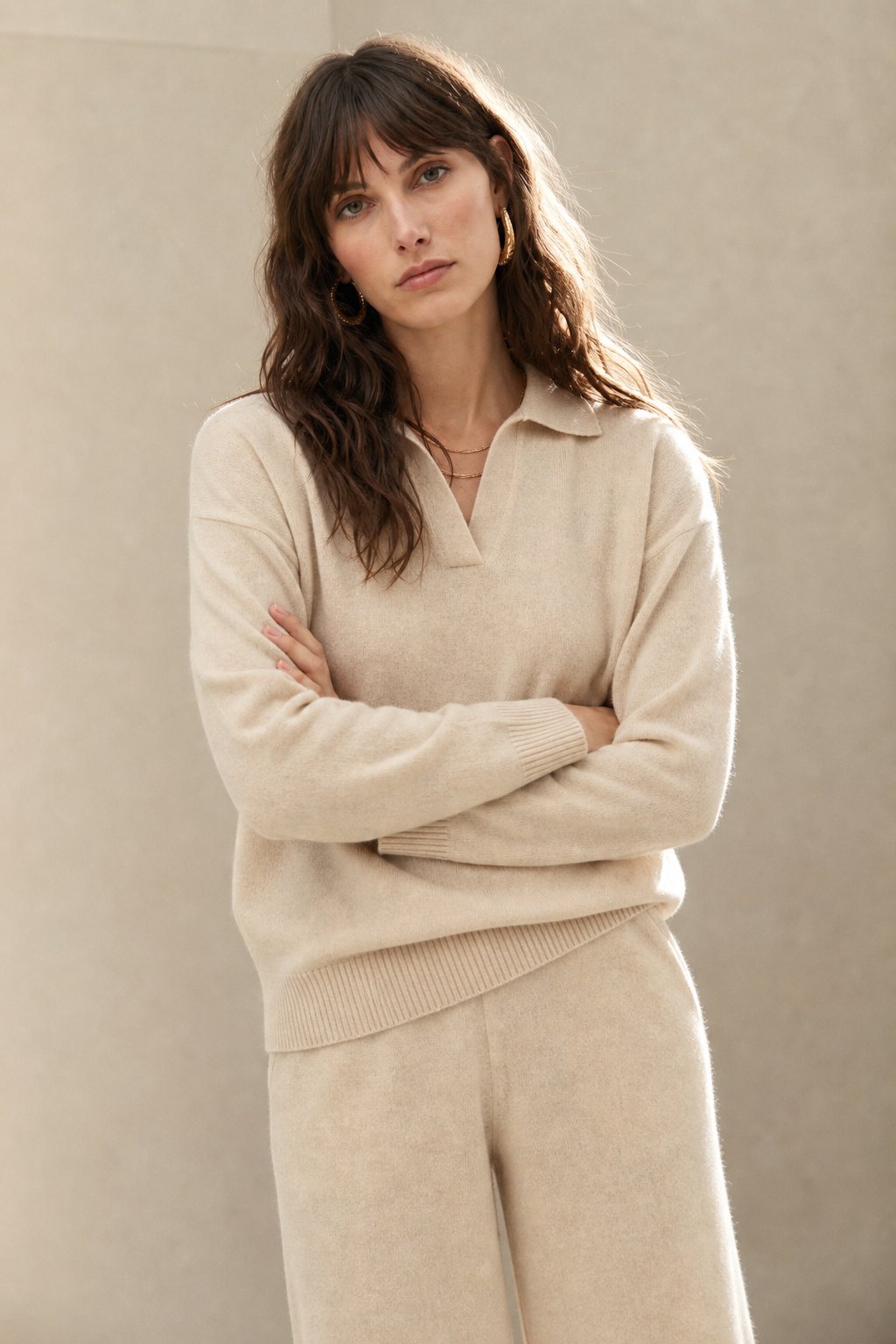 Polo knit set with soft knit pullover and high-waist harem pants, view 24