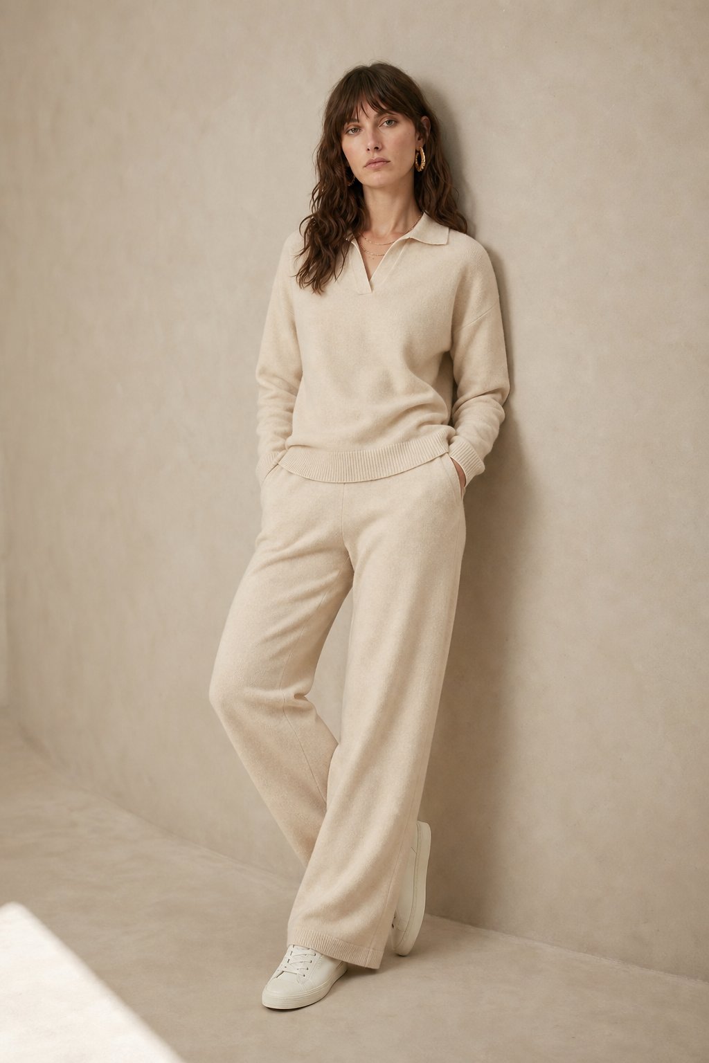 Polo knit set with soft knit pullover and high-waist harem pants, view 25