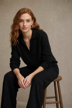 Polo knit set with soft knit pullover and high-waist harem pants, view 27