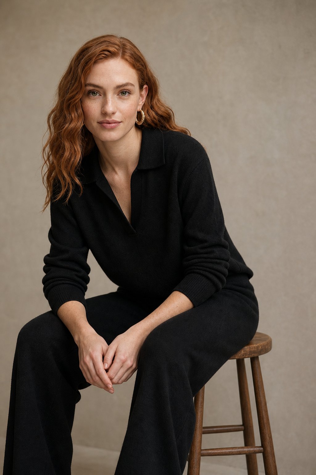 Polo knit set with soft knit pullover and high-waist harem pants, view 27