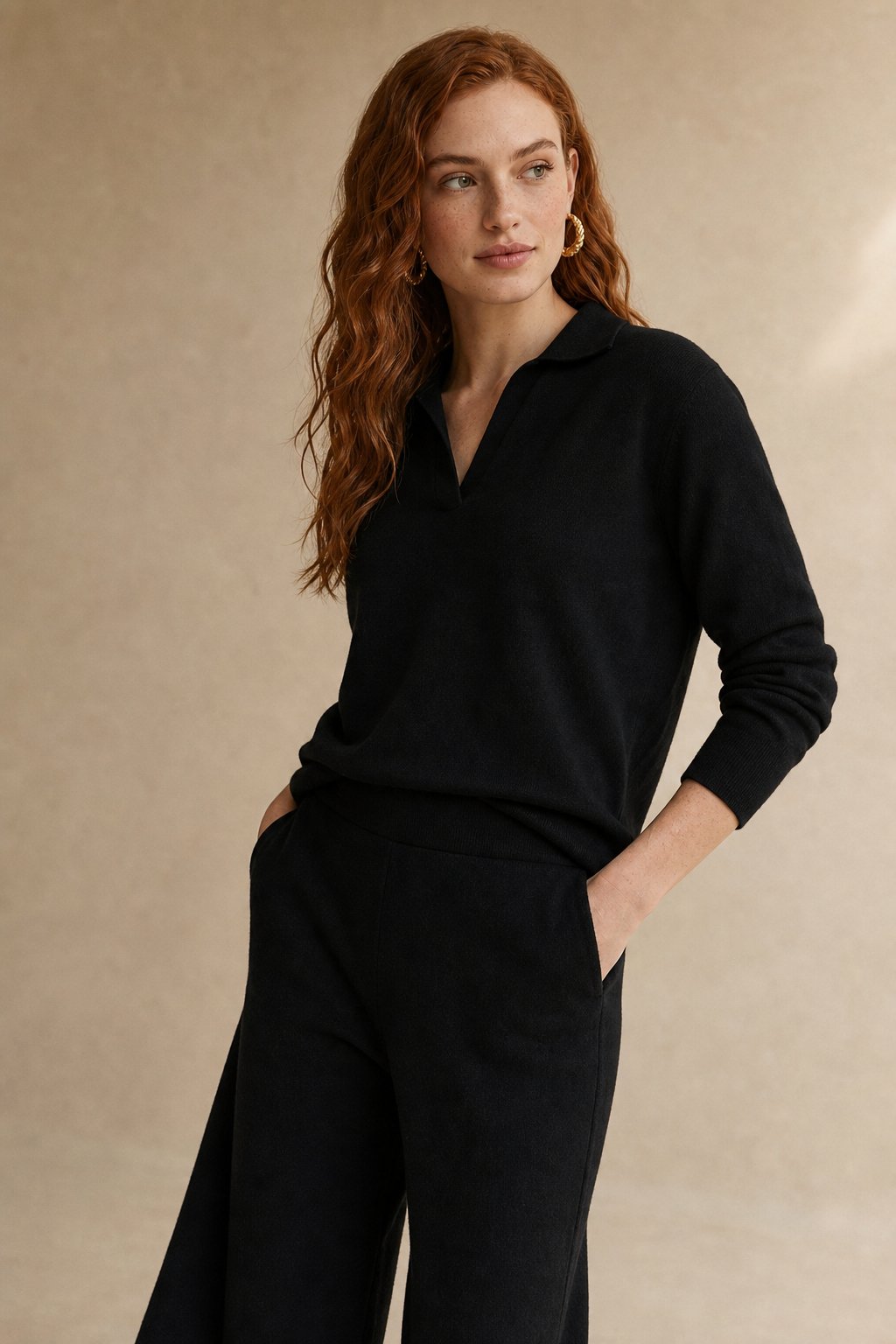 Polo knit set with soft knit pullover and high-waist harem pants, view 28