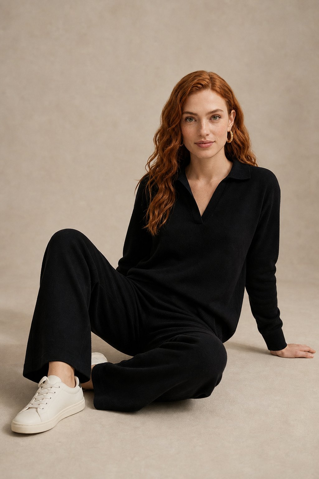 Polo knit set with soft knit pullover and high-waist harem pants, view 29