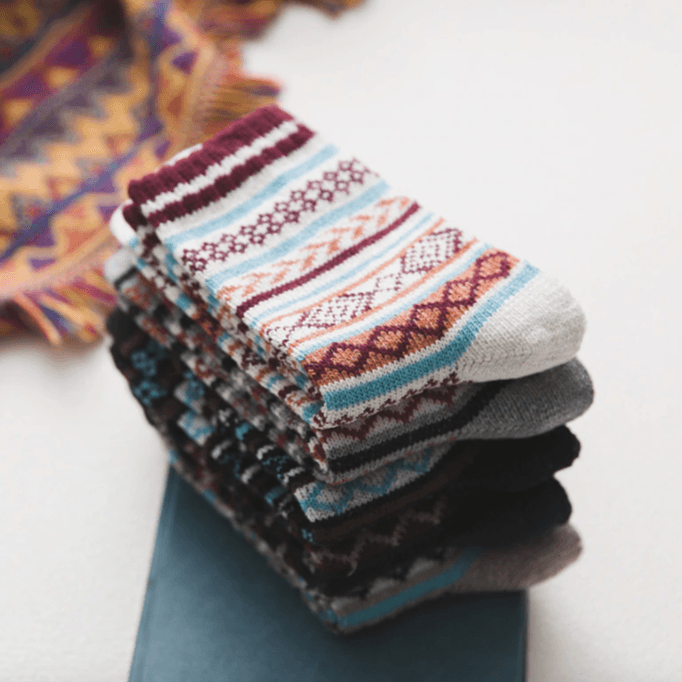 Winter socks in a warm wool blend with Nordic pattern, Aspen 5-pair set