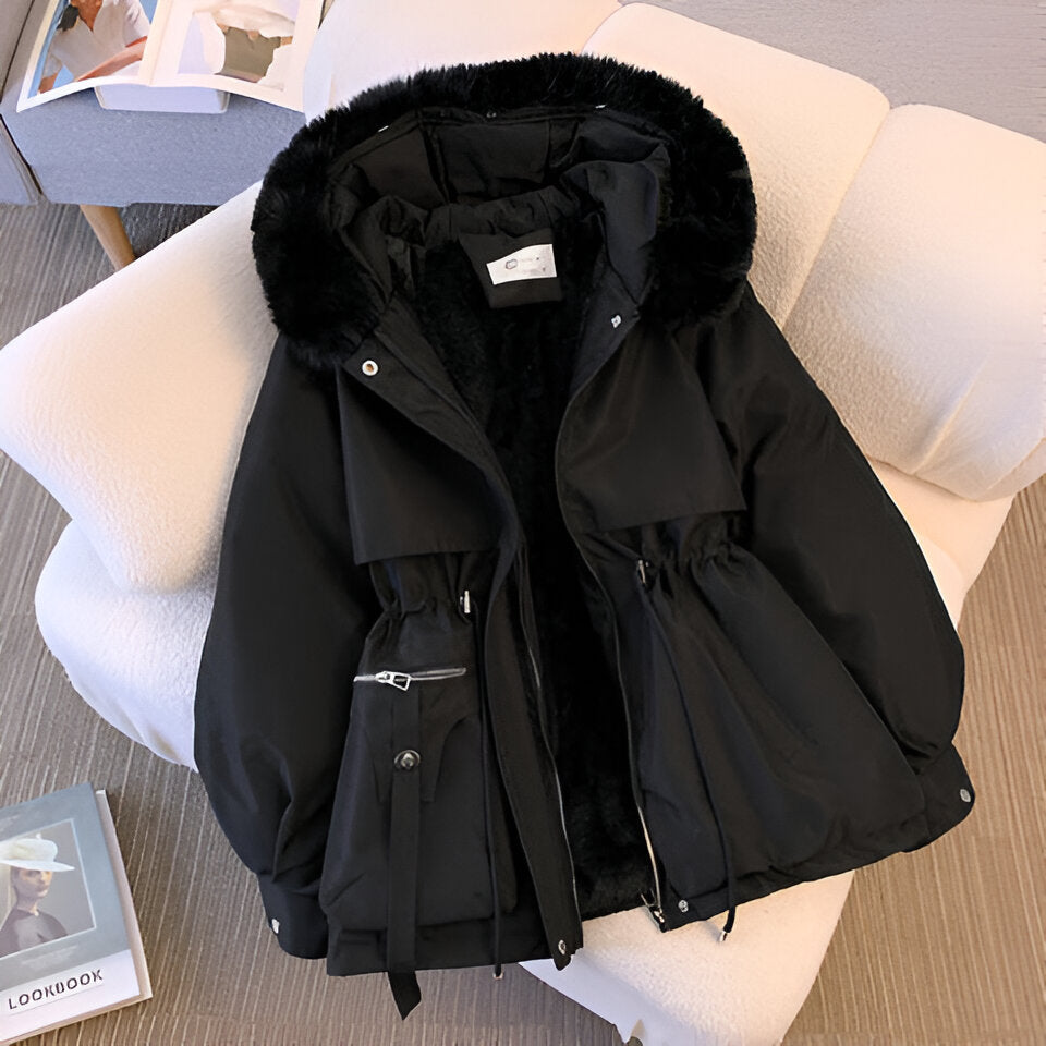 White water-repellent parka side view showing mid-length cut and pockets