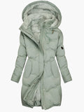 Green quilted coat with hood and longline padded cut, front view