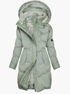 Green quilted coat with hood and longline padded cut, front view