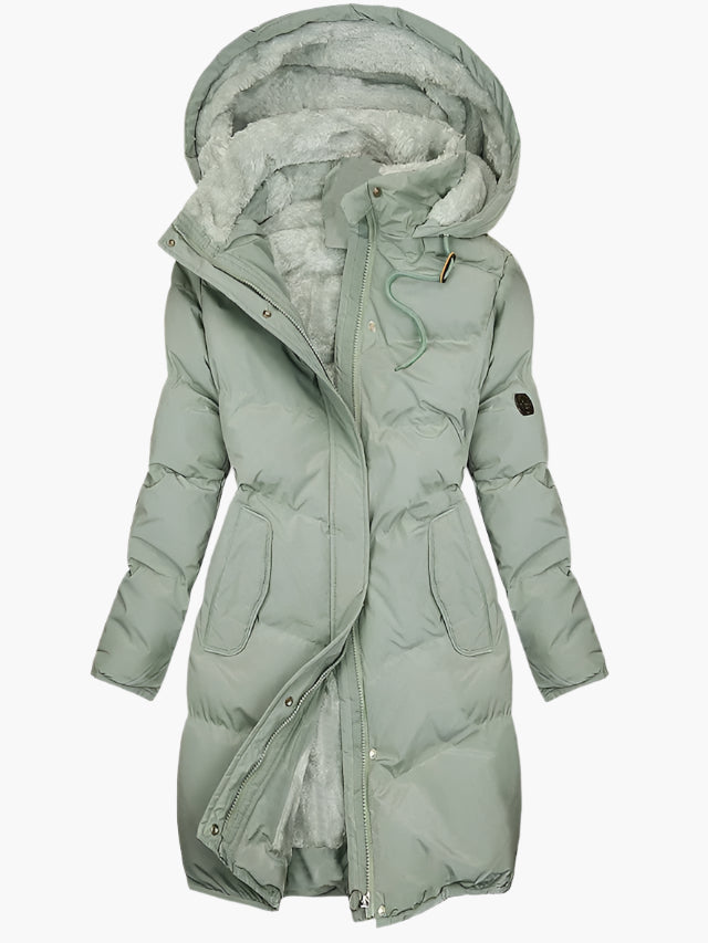 Green quilted coat with hood and longline padded cut, front view