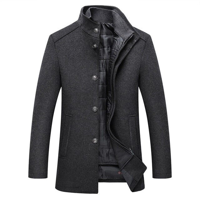 Wool blend coat with mandarin collar in gray, front view, structured mid-length silhouette.