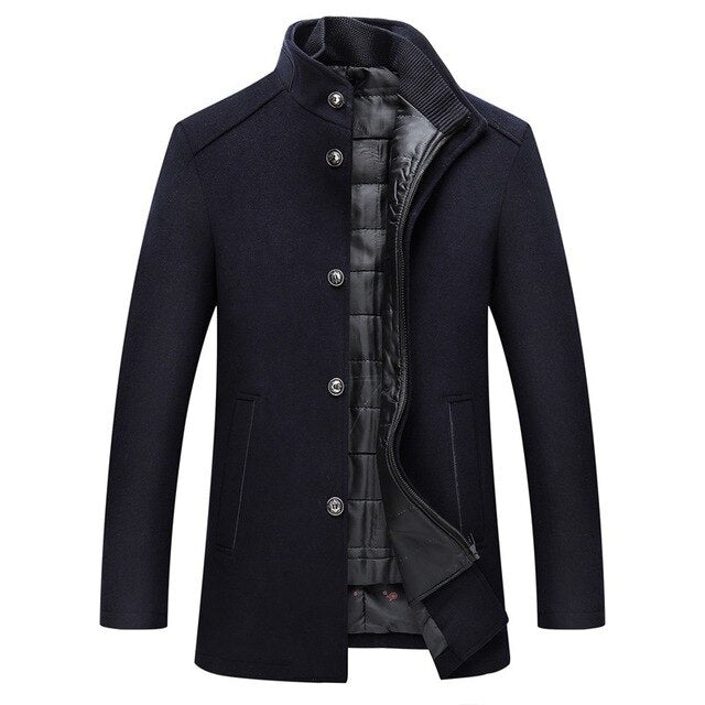Wool blend coat with mandarin collar in navy blue, front view, single-breasted button front.