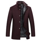 Wool blend coat mandarin collar, extra styling view; shown in camel, gray and navy blue.