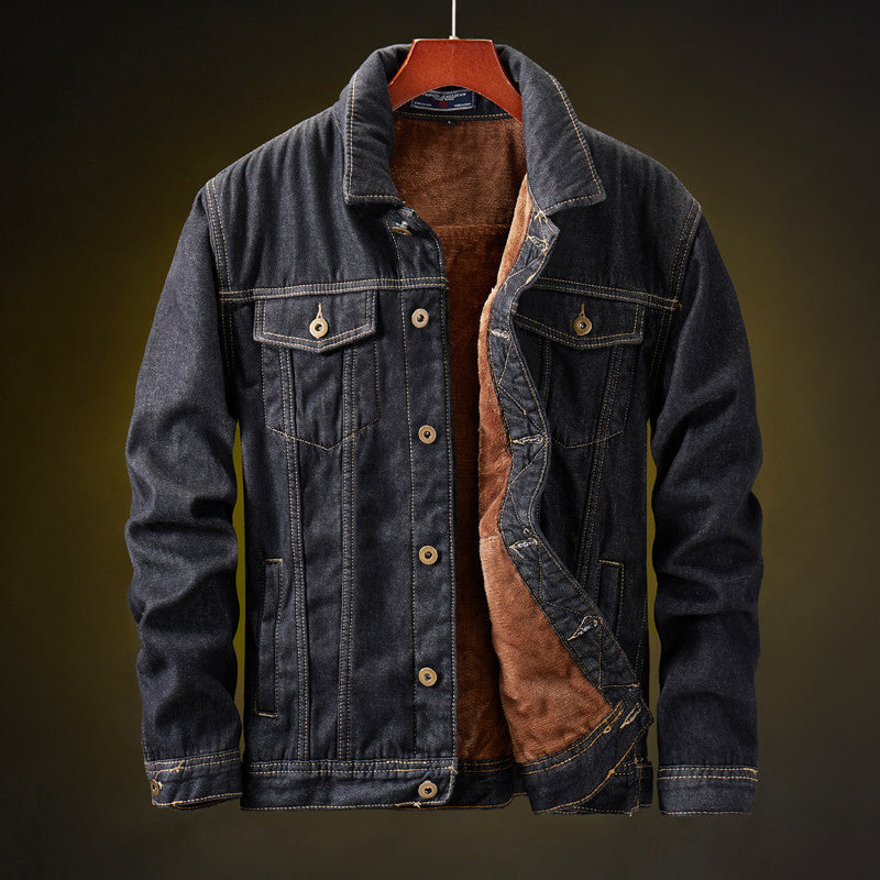 Denim blue denim jacket with thick cotton lining, back view of the trucker silhouette