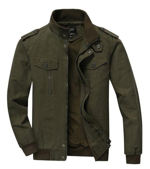 Army green bomber jacket with mandarin collar and full-zip front, front view
