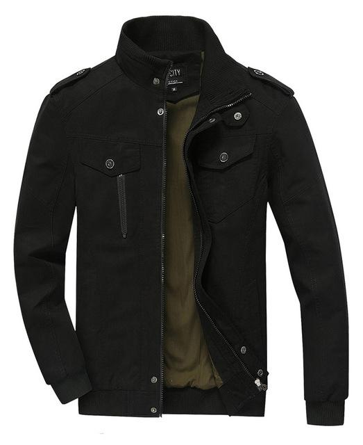 Black bomber jacket with mandarin collar and full-zip front, front view