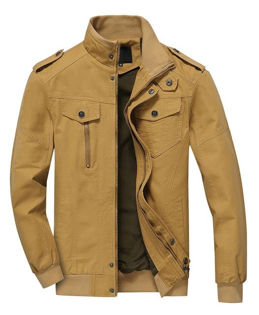 Khaki bomber jacket with mandarin collar and full-zip front, front view