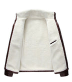 Leather-look jacket fleece-lined stand collar, detail view; brown, black and dark brown.