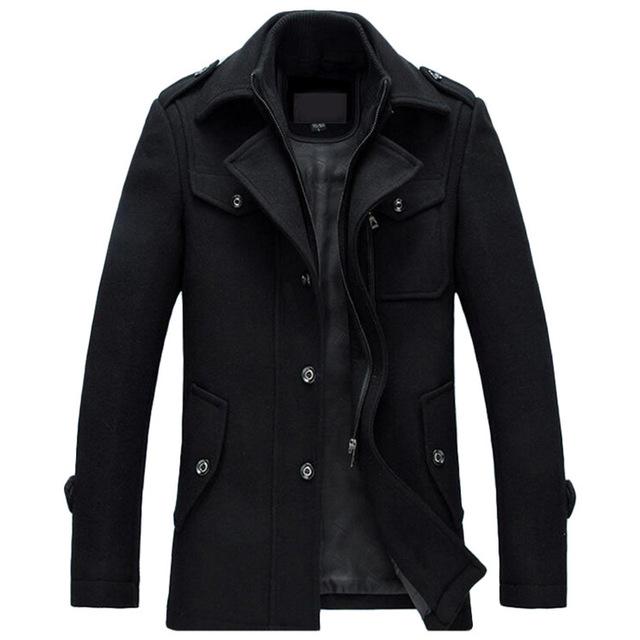 Wool coat with zip front and soft knit handle in black, front view.