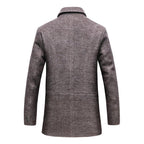 Wool coat windproof detachable scarf, side styling view; shown in brown and dark gray.