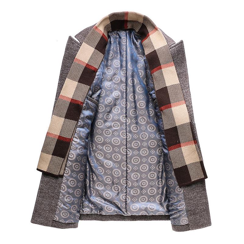 Wool coat windproof detachable scarf, detail view of collar and buttons; brown and dark gray.
